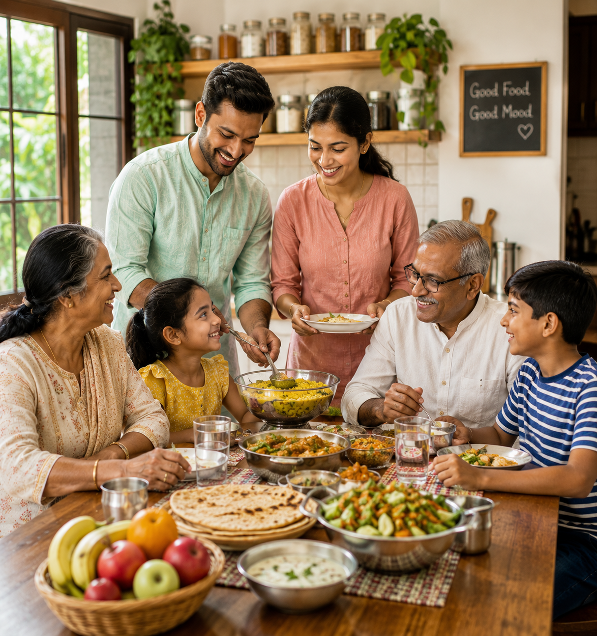 Family preparing healthy food together in a bright kitchen